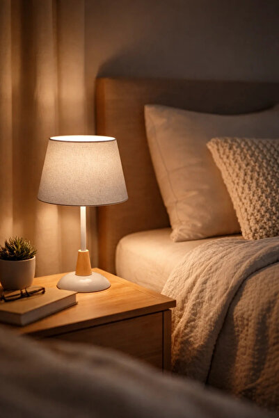 MARIA HOMES Modern Table Lamp with Fabric Shade and Wooden Base Accent for Ho...