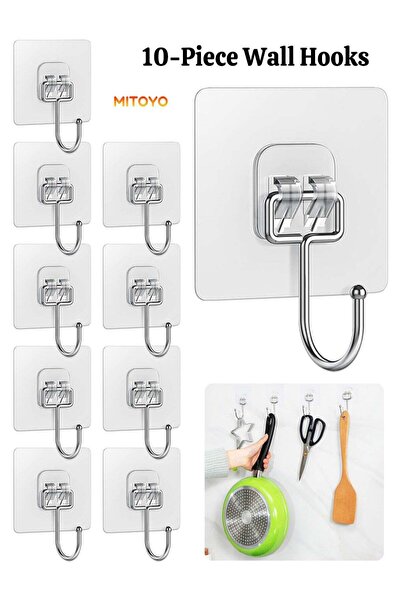 MITOYO 10 قطع من خطافات الحائط - خطاف ذاتي اللصق - بدون مسامير أو حفر - خطاف ...