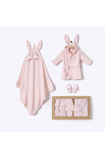 moukou %100 Pamuk Bebek Bornoz Seti Kapüşonlu Kulaklı Princess Nakışlı 0-2 Ya...