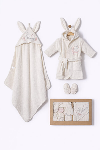 moukou %100 Pamuk Bebek Bornoz Seti Kapüşonlu Kulaklı Princess Nakışlı 0-2 Ya...