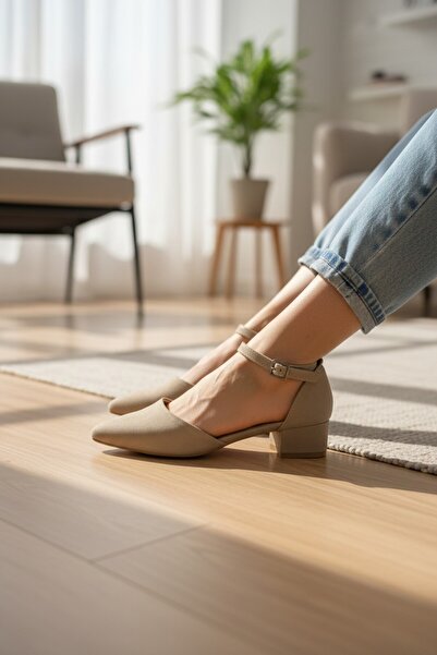 enoch Kadın Badem Burunlu Dekolte Detaylı Alçak Blok Topuklu Bilekten Kemerli...