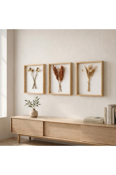 EVZEN HOME Doğal Kuru Çiçek Tablo Seti 3’lü | Minimal Ahşap Çerçeve Duvar Dek...