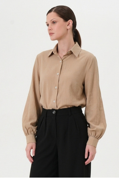 RELAXL 100% Cotton Relaxed Fit Balloon Sleeve Basic Beige Women's Shirt