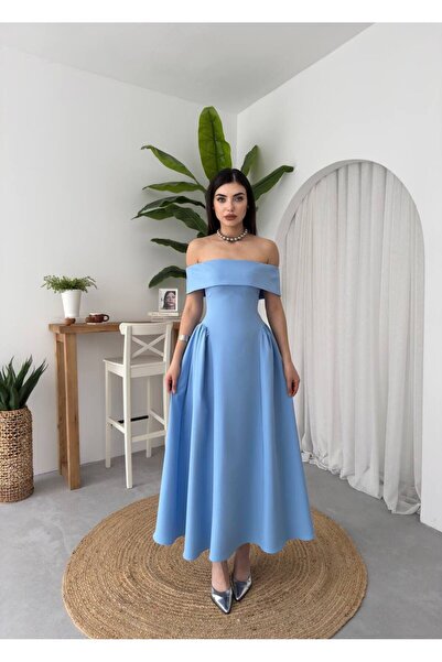 maf collection Kadın Mavi Madonna Yaka Straplez Midi Boy Abiye Mezuniyet Elbi...