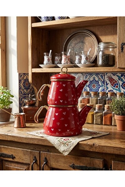 EmayeBurada Kalpli Emaye Çaydanlık Takımı 2.0 Lt Suluk + 1.0 Lt Demlik Kırmız...