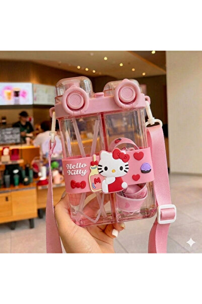 Livava Kitty Çift Bölmeli Pipetli Matara - Askılı Sızdırmaz Çocuk Suluğu