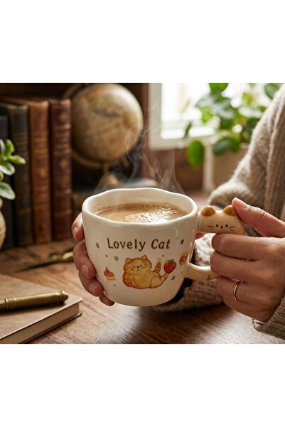 Kuzey Tacı كوب سيراميك منقوش بشخصية قطة جميلة، تصميم خاص، مزين يدويًا، كوب قه...