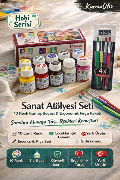 KarmaOfis Kumaş Boyası Seti 10 Renk + Fırça Seti | Sanat Atölyesi Paketi – Ca...