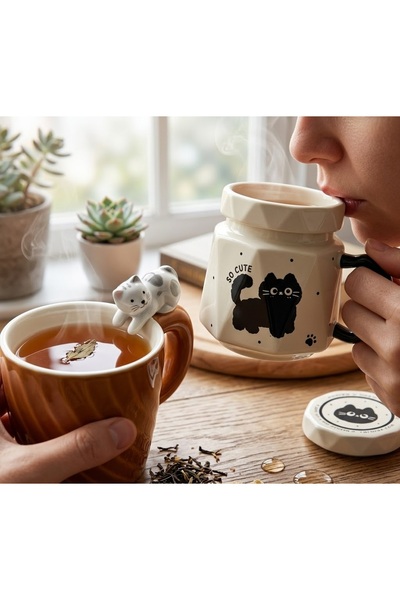 Kuzey Tacı Geometric Design Black Cat Porcelain Mug with Lid, 3D Modern Coffe...