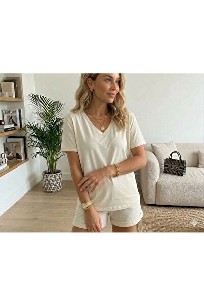 tülaybutik Women's Summer V-Neck Modal Fabric T-Shirt with Side Slits