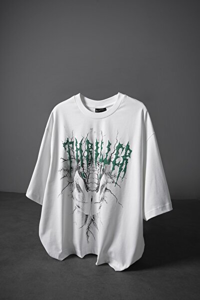 Slatra Мъжка бяла тениска с релефен принт  "Трилър " и права кройка