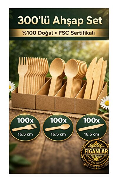 figanlar ambalaj Ahşap Çatal Kaşık Bıçak Seti 16,5 cm Doğal FSC Sertifikalı T...