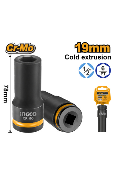 Ingco 1/2" DR Deep impact socket 19mm