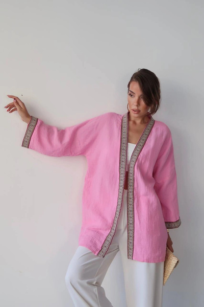 Lusin Women's Pink Embroidered Bohemian Style Premium Quality Kimono Cardigan