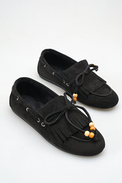 Women's Beads and Tassel Detailed Flats Black Suede