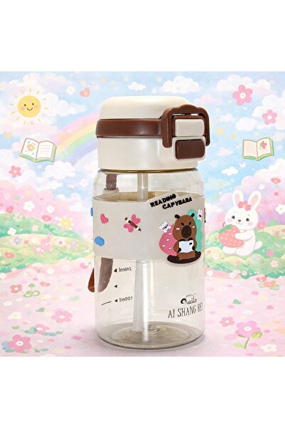 hediyeconcepti Reading Capybara Straw Water Bottle 500 ml – Kawaii Children's...