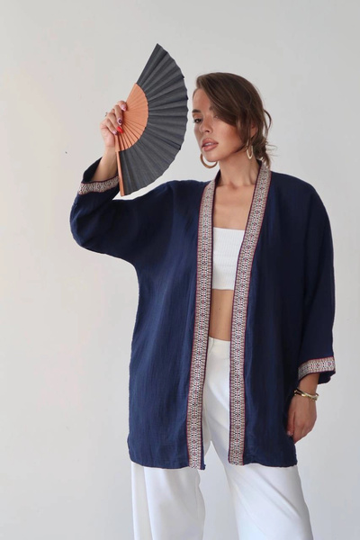 Lusin Women's Navy Blue Embroidered Bohemian Style Premium Quality Kimono Car...