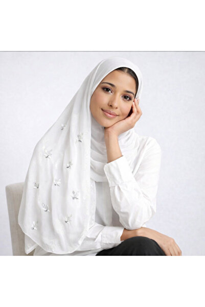 Veil Designer طرحه بوال ابيض طبقتين بتطريز علي الطرفين قماش ياباني 190*60