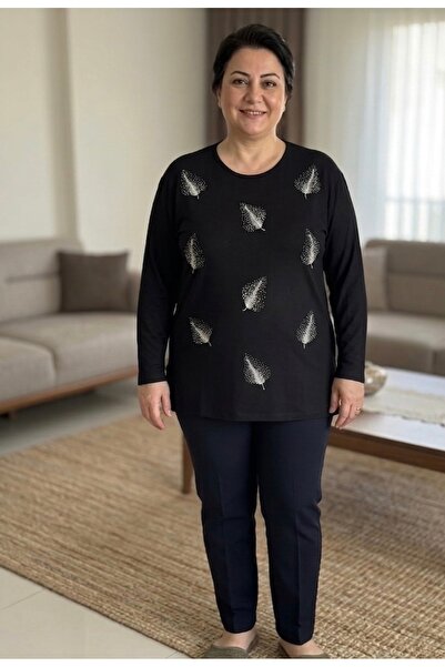 BİLGENS BUTİK Mom's Plus Size Spring Summer Season Cotton Black Blouse