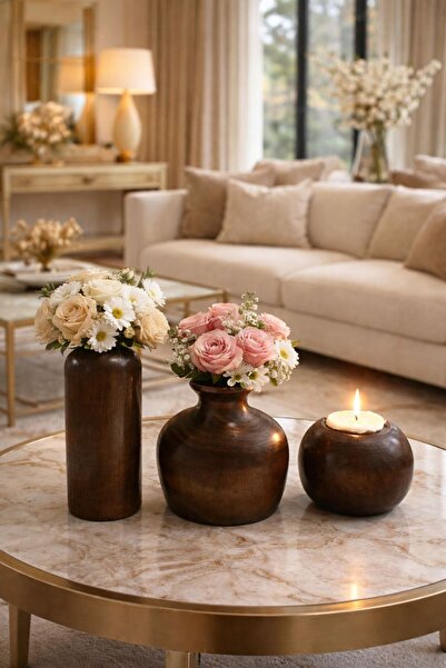 ENYAZA(2024) 3'Lü Ahşap Vazo & Mumluk Ceviz Rengi - Dekoratif Vazo, Rustik Va...