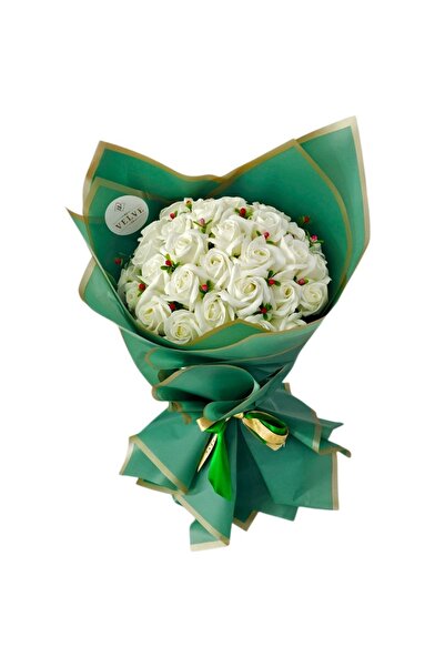 velve Κομψή πολυτελής ανθοδέσμη με 35 λευκά σαπουνένια τριαντάφυλλα και χειρο...
