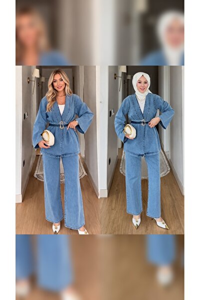 My Life Accessory & Butik Belt Detailed Denim Set Women's Denim Jacket & Pala...