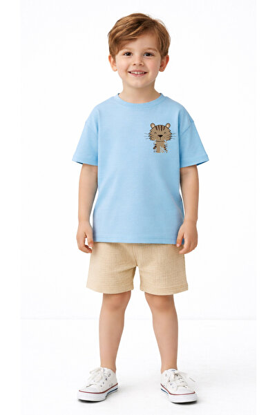 bebekpare Момчешки комплект от муселинови къси панталони и тениска с див прин...