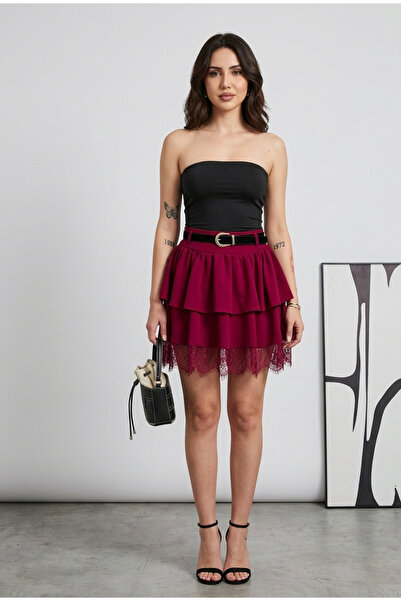 MAİMODA Women's Belted Layered Mini Skirt with Lace Hem