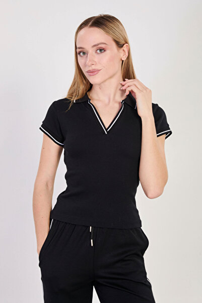 BARRELS AND OIL Women's Polo Neck Ribbed Bodysuit - Black/White