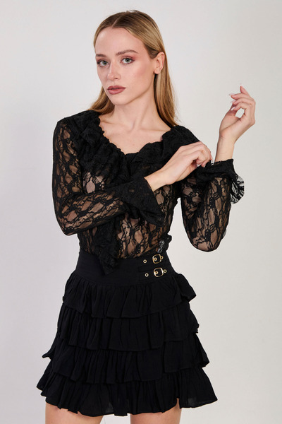 BARRELS AND OIL Women's V-Neck Ruffled Lace Blouse - Black