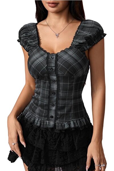 Köstebek Bluză cu bretele în carouri, de culoare alb-negru, în nuanțe închise