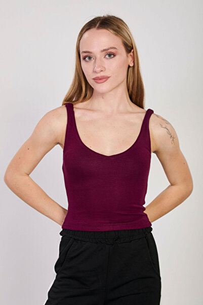 BARRELS AND OIL Women's V-Neck Thick Strap Crop Top - Plum
