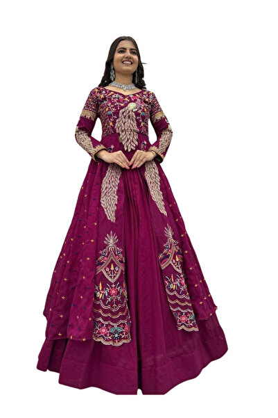 MYSMAR Rani Pink Pure Vichitra Top Lehenga - HRT7012 - Rani Pink