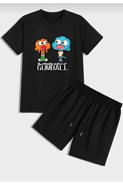 YK WEAR Cartoon Printed Gumball Black T-Shirt Shorts Set Children / Adult