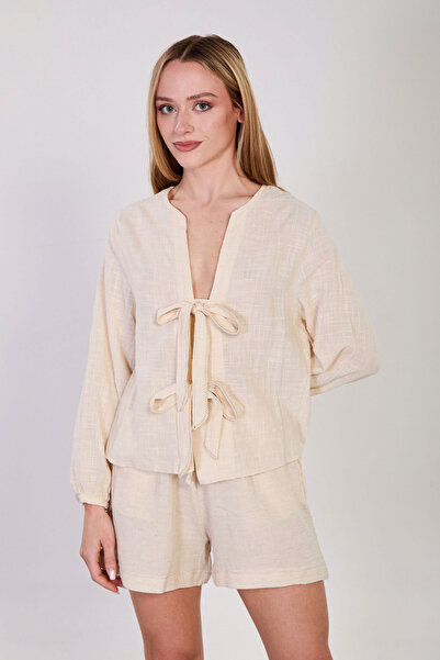 BARRELS AND OIL Women's front tie-up stitch detailed blouse - natural