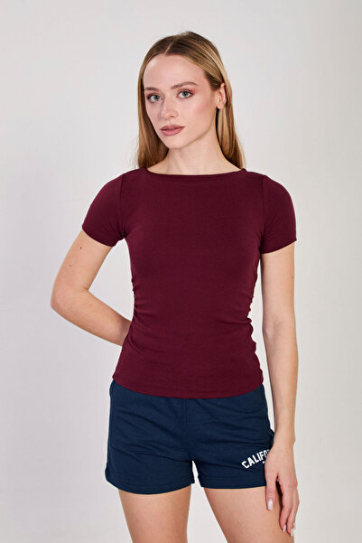 BARRELS AND OIL Women's Boat Neck Gathered Short Sleeve Bodysuit - Burgundy