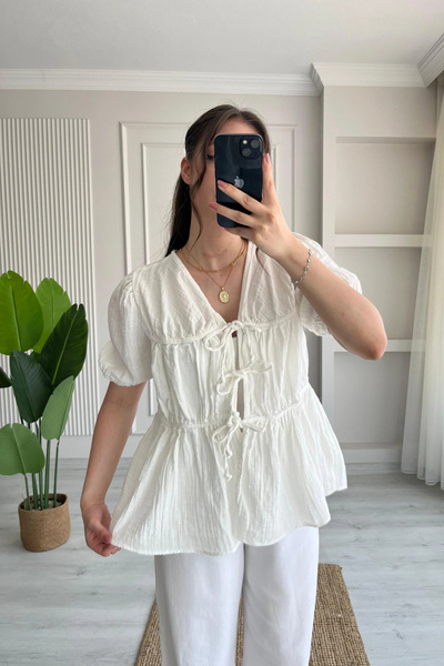 Lusin Women's Ecru Oversized Muslin Blouse with Tie Detail