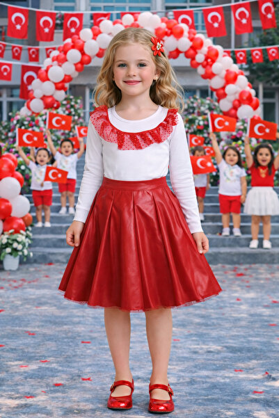 HER ŞEY NOTA www.herseynota.com تنورة جلدية حمراء للفتيات مع طقم ملابس بيضاء ...