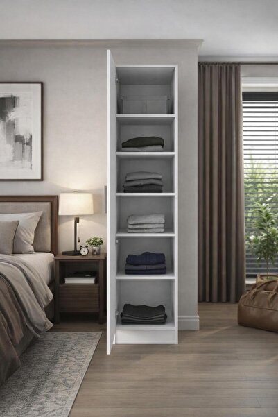 MODENZA Tek Kapaklı 6 Raflı Elbise Dolabı - Gardırop - Beyaz