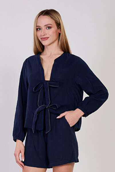 BARRELS AND OIL Women's Tie-Front Blouse with Stitching Detail - Navy Blue
