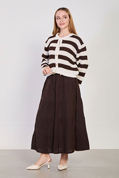 BARRELS AND OIL Γυναικεία μακριά βαμβακερή φούστα με ζώνη και πιέτες - Καφέ