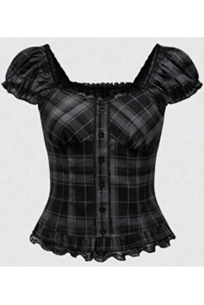 Köstebek Black Anthracite Plaid Vintage Lace Square Neck Blouse