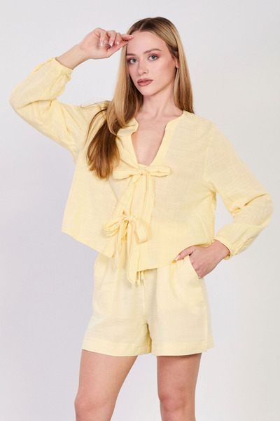 BARRELS AND OIL Women's Tie-Front Blouse with Stitching Detail - Yellow