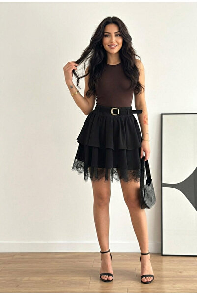 MAİMODA Women's Belted Layered Mini Skirt with Lace Hem