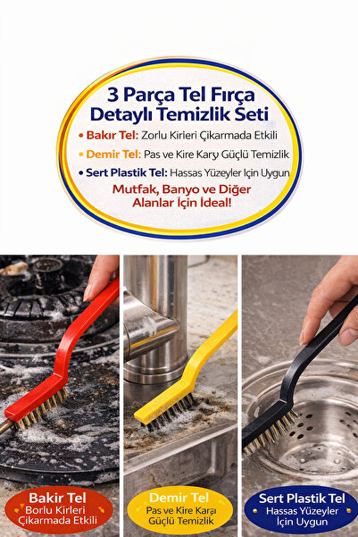 TOYFEST 3’lü Tel Fırça Seti Bakır Demir Plastik Uçlu Detay Temizlik Fırçası O...