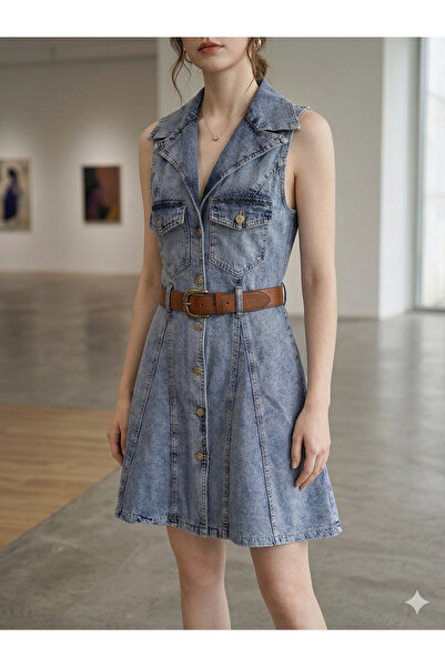 SOLİS MODA Women's Denim Sleeveless Dress with Belt