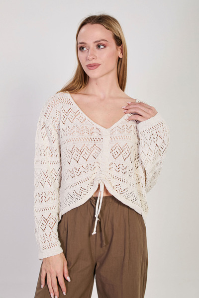 BARRELS AND OIL Women's front ruched openwork sweater - natural