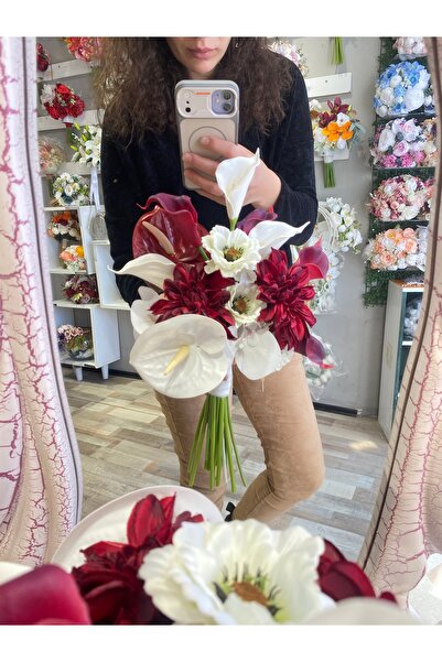 Buketlife Bordo beyaz gala lilyum kasımpatı gelin çiçeği gelin buketi yaka çi...