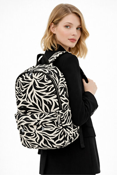 woys Γυναικείο σακίδιο πλάτης με 4 θήκες, μεγάλο, με ασπρόμαυρο σχέδιο φύλλων...