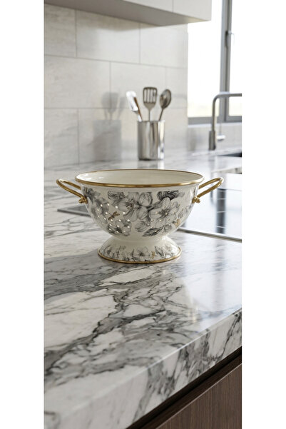 Avşar Emaye Evi̇m 22 cm Gray Flowered Enamel Strainer Fruit Bowl Drainer Serv...